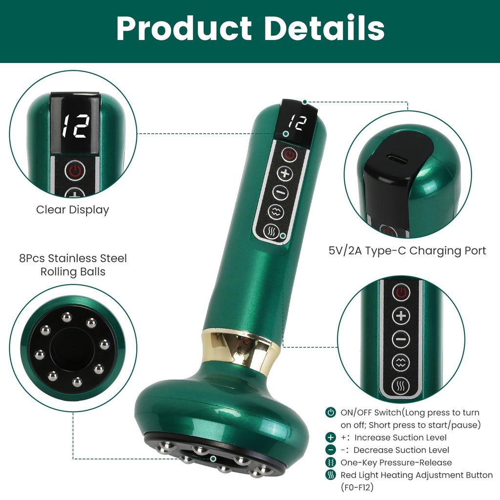 1Pc Anti Cellulite Massager Handheld Vacuum Suction Cupping Kit Beauty Tool With 12 Suction Mode 12 Heating 20Mins Auto-Off One-Key Pressure Release For Abdomen Thighs Buttocks Neck