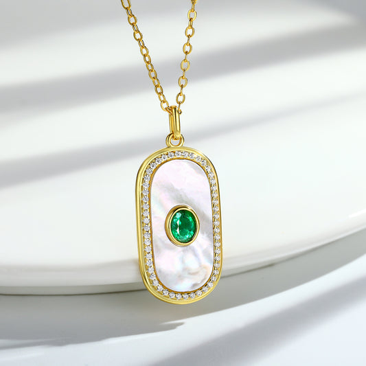 Natural Emerald Pendant S925 Silver Inlaid Fritillaria Necklace Personality Geometric Round Card Shaped Pendant - 4 - CJ