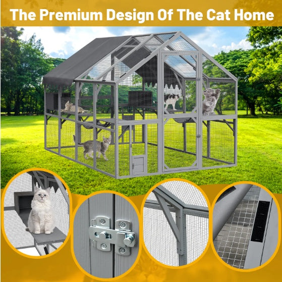 Outdoor Cat House Cat Enclosures 110 Large Kitten Playpen With Platforms,Upgrade Waterproof Cover - grey - 5 - CJ
