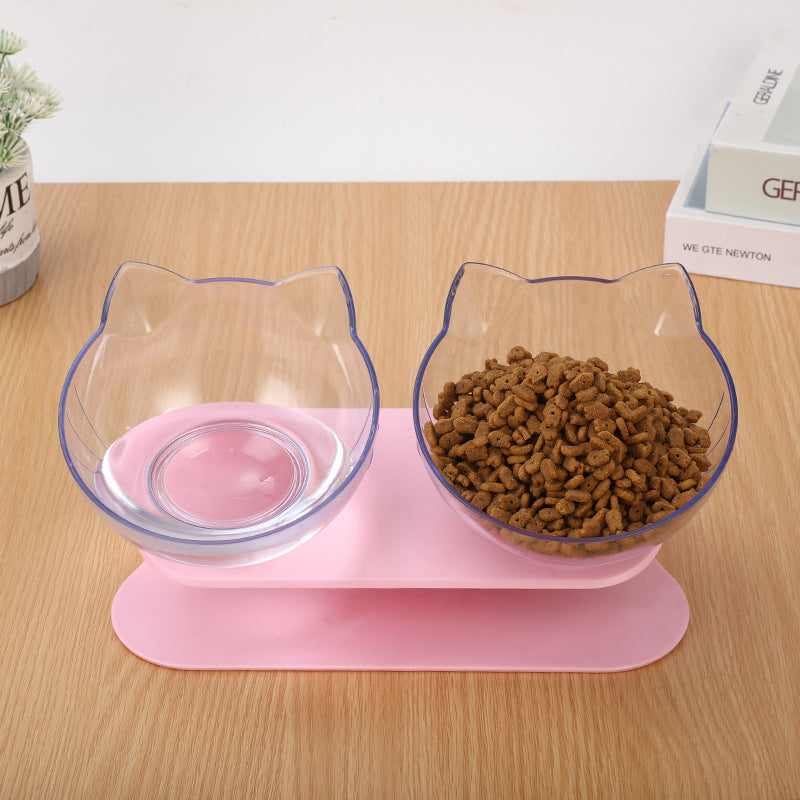 New Inclined Food Cat Ear Oblique Mouth Transparent Single Pet Bowl - 0 - CJ - Pink Double bowl - Q1pcs - CJJJCWMY00452 - Pink Double bowl - Q1pcs