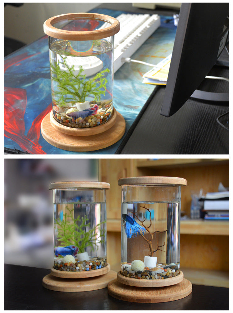 Small Office Glass Aquarium Bamboo Base Mini Fish Tank Decoration Fish Bowl - 0 - CJ