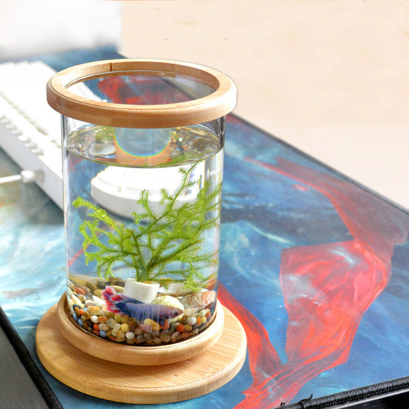 Small Office Glass Aquarium Bamboo Base Mini Fish Tank Decoration Fish Bowl - 0 - CJ