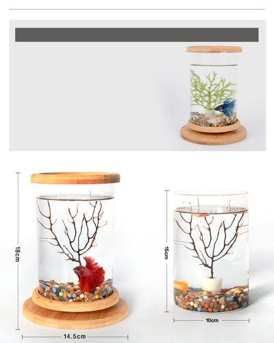 Small Office Glass Aquarium Bamboo Base Mini Fish Tank Decoration Fish Bowl - 0 - CJ