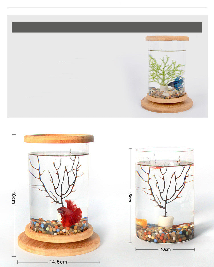 Small Office Glass Aquarium Bamboo Base Mini Fish Tank Decoration Fish Bowl - 0 - CJ