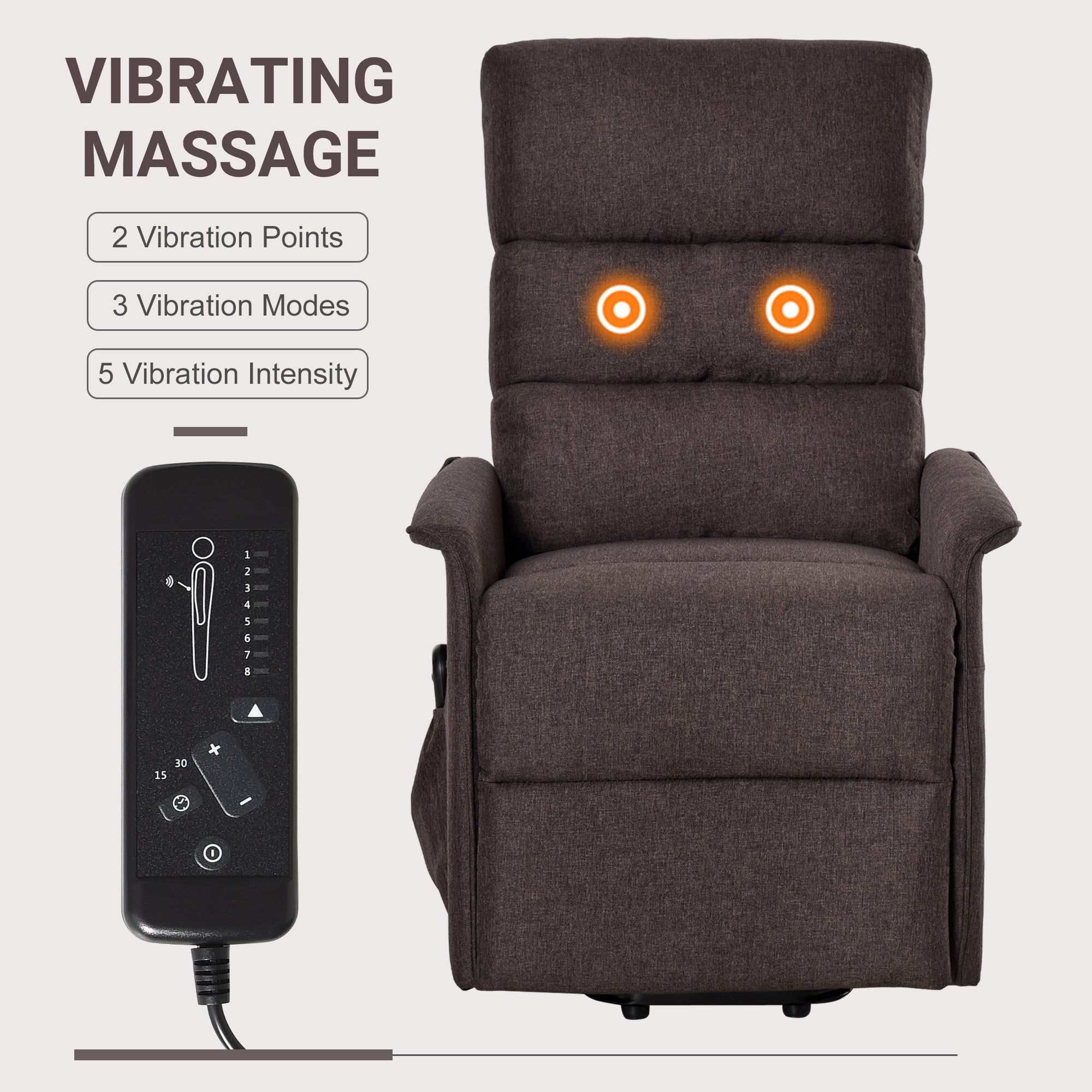 Power Lift Chair with Vibration Massage, Fabric Upholstered Recliner Chair for Elderly with Remote Control, Side Pockets, Brown - 5 - CJ