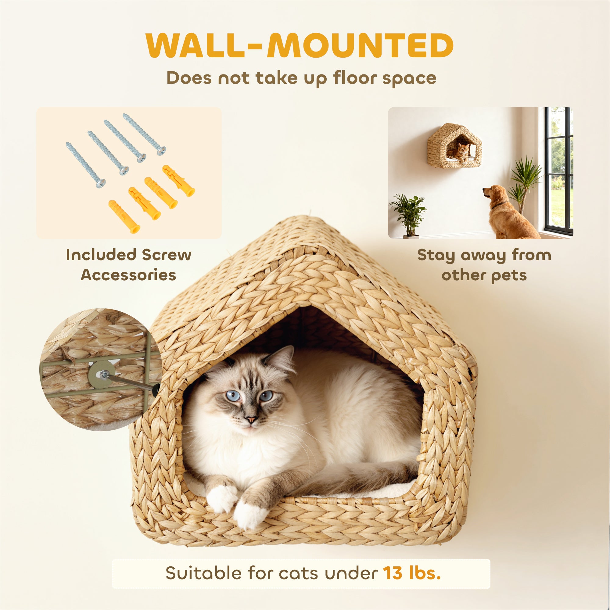 Wall Mounted Cat House, Cat Wall Furniture, Cat Wall Shelf with Washable Cushion, Natural - 5 - CJ