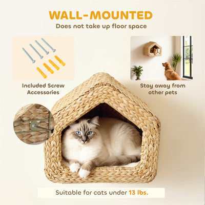 Wall Mounted Cat House, Cat Wall Furniture, Cat Wall Shelf with Washable Cushion, Natural - 5 - CJ