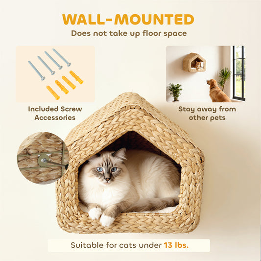 Wall Mounted Cat House, Cat Wall Furniture, Cat Wall Shelf with Washable Cushion, Natural - 5 - CJ