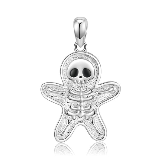 Halloween Skull Gingerbread Man Necklace S925 Sterling Silver Plating Platinum Collar Chain - 4 - CJ