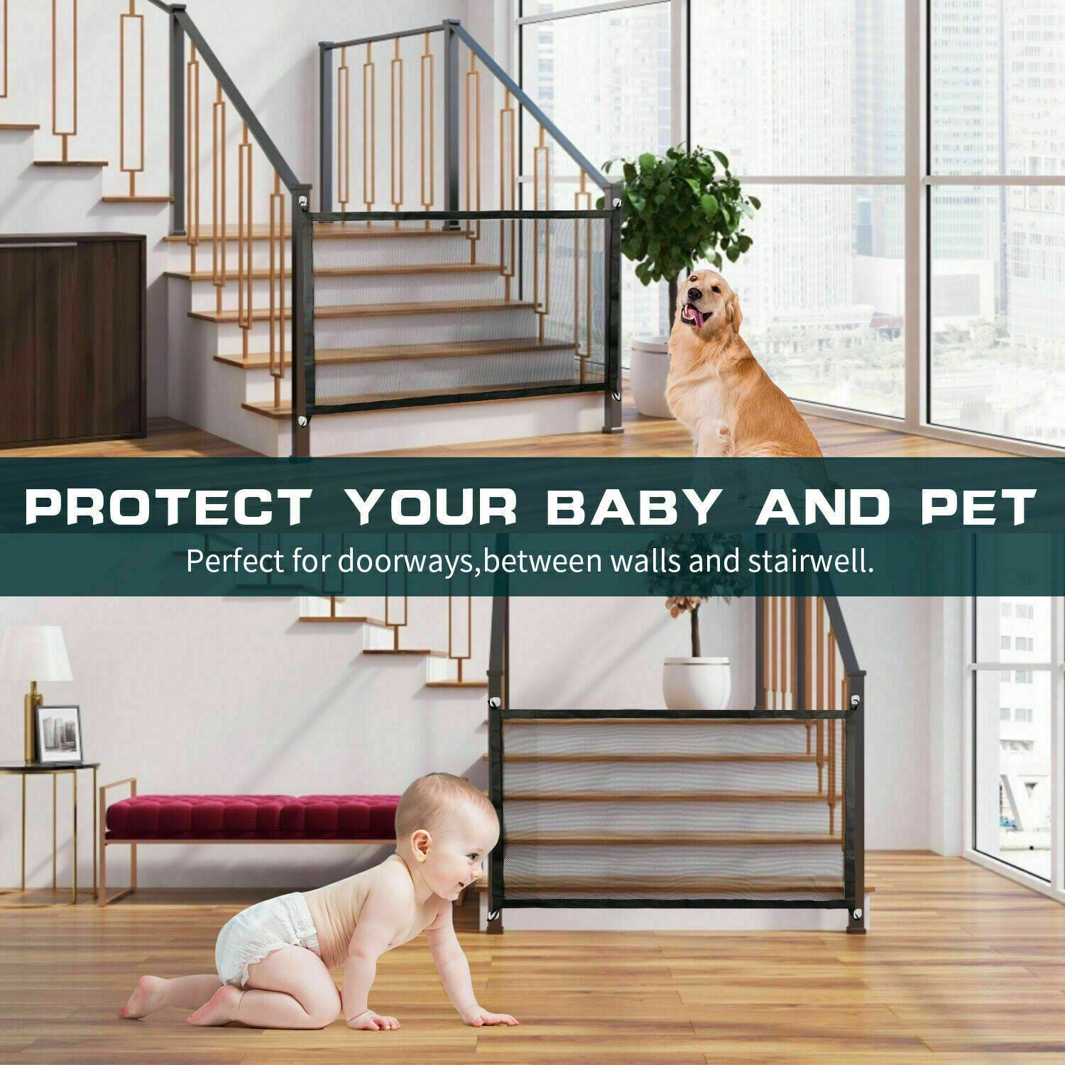 Pets Dog Cat Baby Safety Gate Mesh Fence Magic Portable Guard Net Stairs Doors - 5 - CJ
