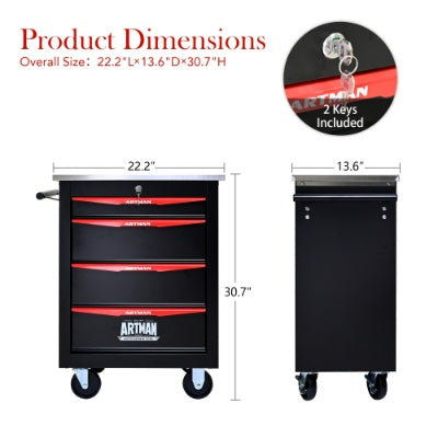 4 Drawers Multifunctional Tool Cart With Wheels,Metal Rolling Tool Cart Storage For Garage Workshop Warehouse Repair Shop - With Stainless Steel Roof - BLACK RED - 5 - CJ