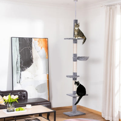 9 Foot Adjustable Height Floor To Ceiling Vertical Cat Tree - Grey And White - 5 - CJ