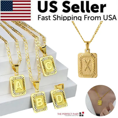 Gold Plated Initial Letter Pendant Necklace Stainless Steel Figaro Chain - 5 - CJ
