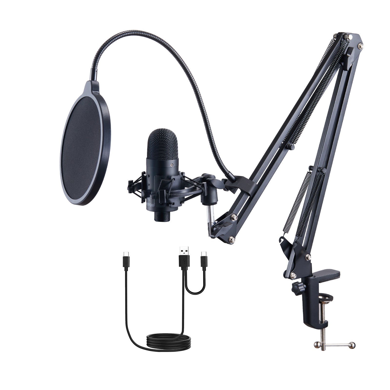 VEVOR USB Microphone, 192kHz 24-bit, Professional Condenser Microphone Kit, With Boom Arm Stand Filter Shock Mount Mute Button Headphones Jack, For Podcast Recording Video Gaming Singing Streaming
