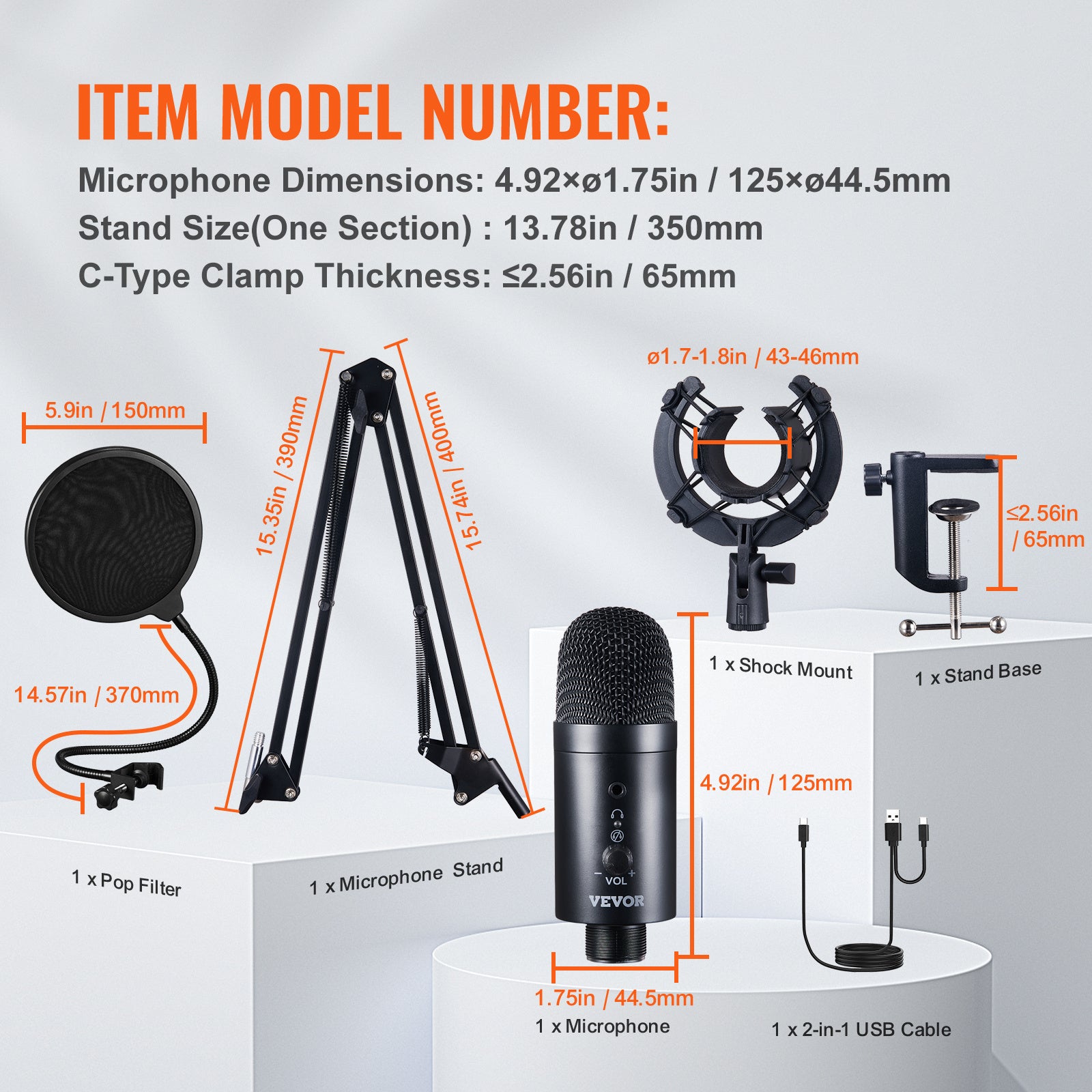 VEVOR USB Microphone, 192kHz 24-bit, Professional Condenser Microphone Kit, With Boom Arm Stand Filter Shock Mount Mute Button Headphones Jack, For Podcast Recording Video Gaming Singing Streaming