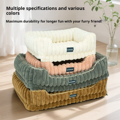 Striped Rabbit Fur Pet Bed Large Square Kennel - 0 - CJ