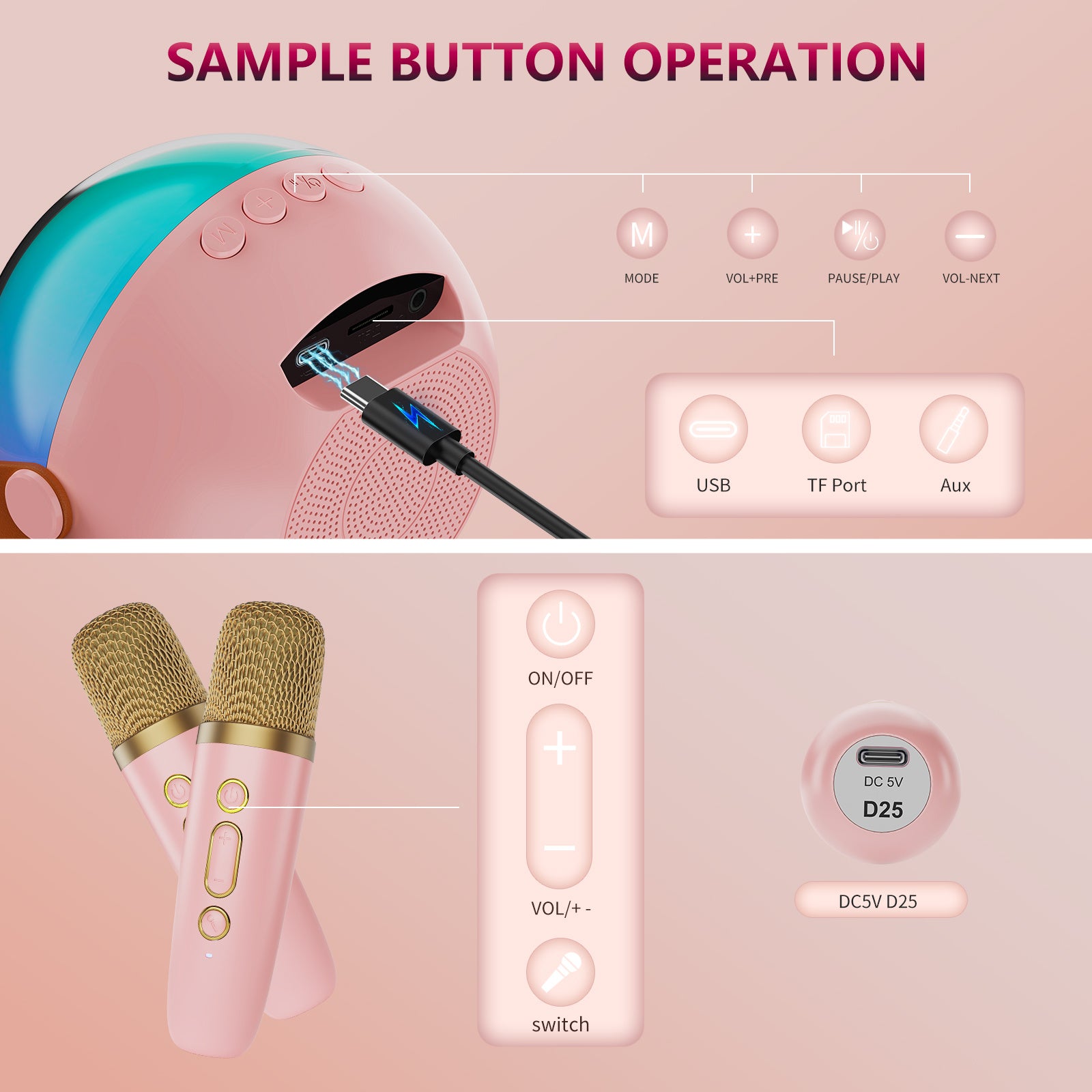 D25 Mini Karaoke Machine With Dazzling Lights And Wireless Microphones