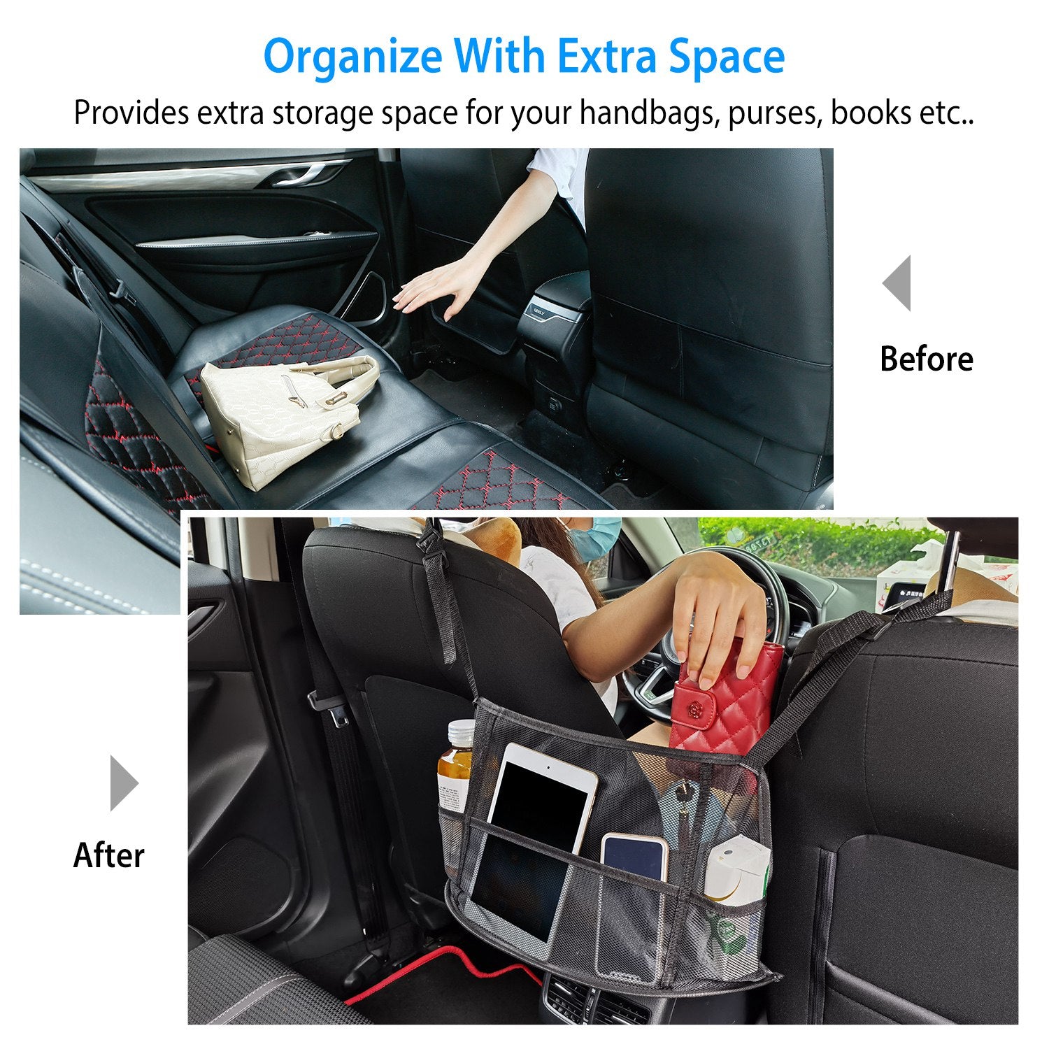 1Pc Car Net Pocket Handbag Holder Car Storage Netting Pouch Seat Side Storage Mesh Organizers Bag For Purse Phone Documents Barrier Pets Kids At Backseat - 5.0 - CJ