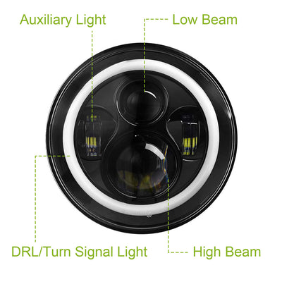 2Pc 7in 6000LM Round LED Headlight Halo Angel Eyes For Jeep Wrangler TJ JK CJ With H4 To H13 Adapter Plug And Play - 5 - cjdropshipping