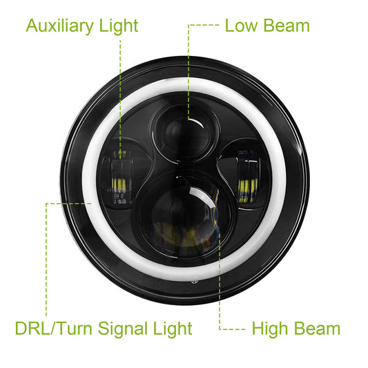2Pc 7in 6000LM Round LED Headlight Halo Angel Eyes For Jeep Wrangler TJ JK CJ With H4 To H13 Adapter Plug And Play - 5 - cjdropshipping