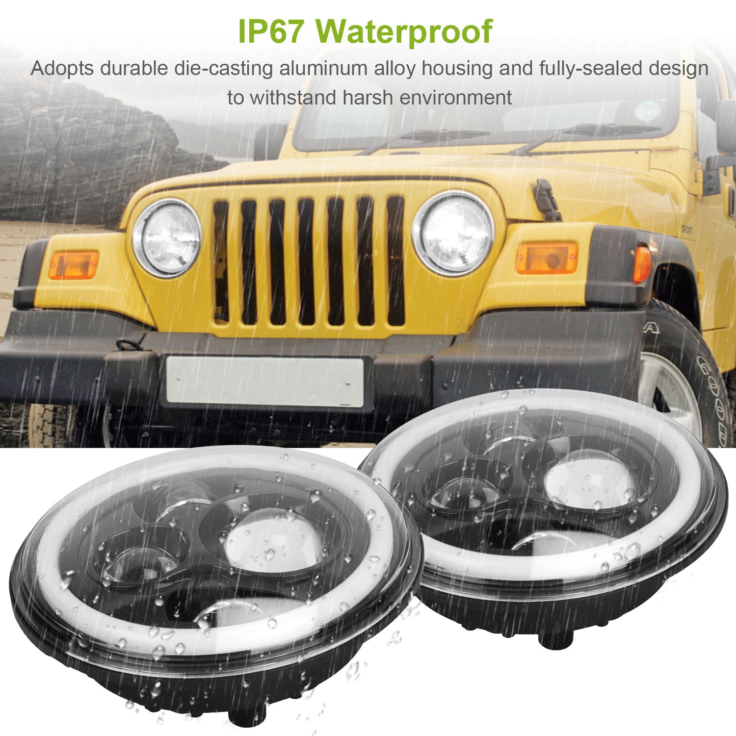 2Pc 7in 6000LM Round LED Headlight Halo Angel Eyes For Jeep Wrangler TJ JK CJ With H4 To H13 Adapter Plug And Play - 5 - cjdropshipping