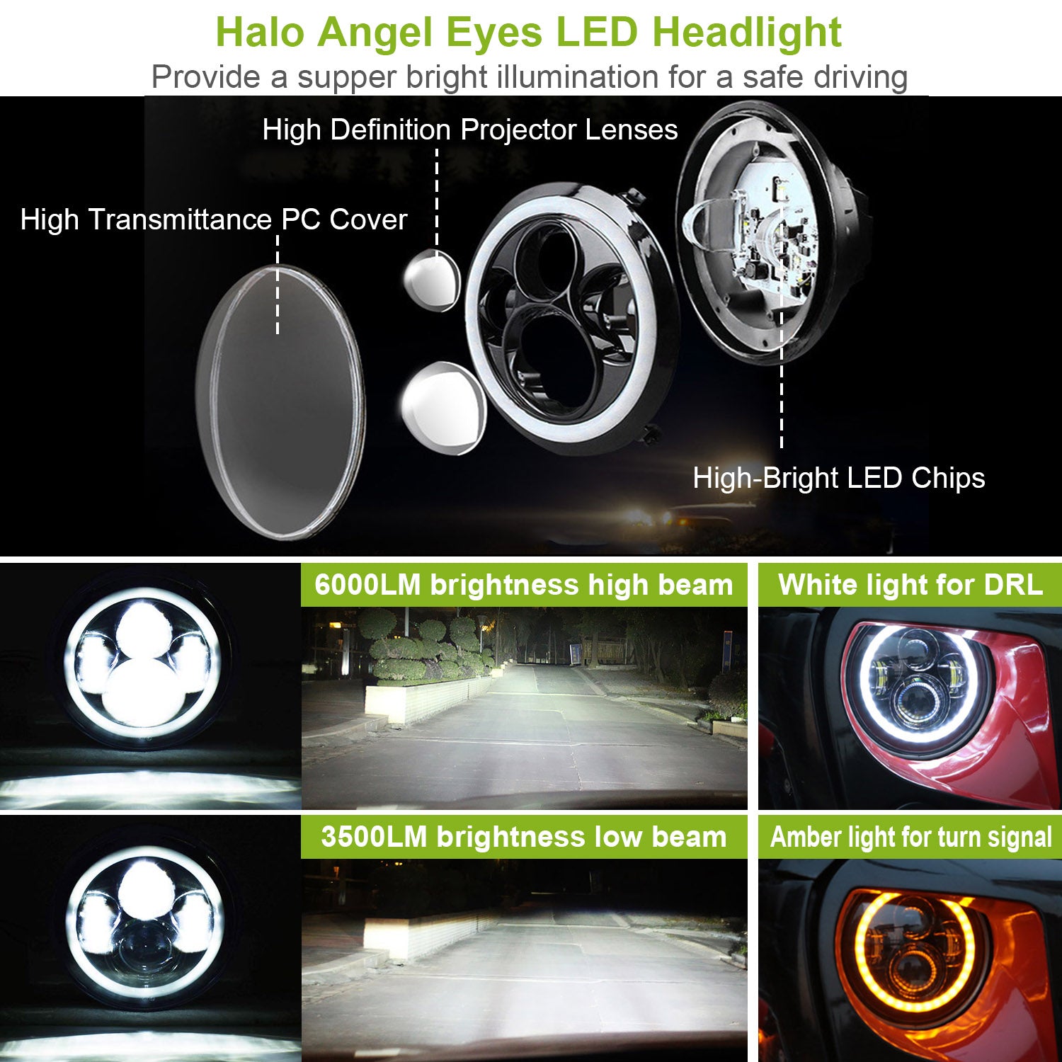 2Pc 7in 6000LM Round LED Headlight Halo Angel Eyes For Jeep Wrangler TJ JK CJ With H4 To H13 Adapter Plug And Play - 5 - cjdropshipping