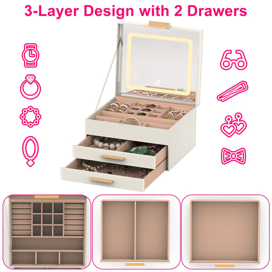 1 Set Jewelry Box With LED Mirror 3 Layer Jewelry Organizer With 2 Drawers PU Jewelry Holder With 3 Mirror Light Colors Dimmable For Earrings Rings Bracelets Necklaces - 5 - CJ