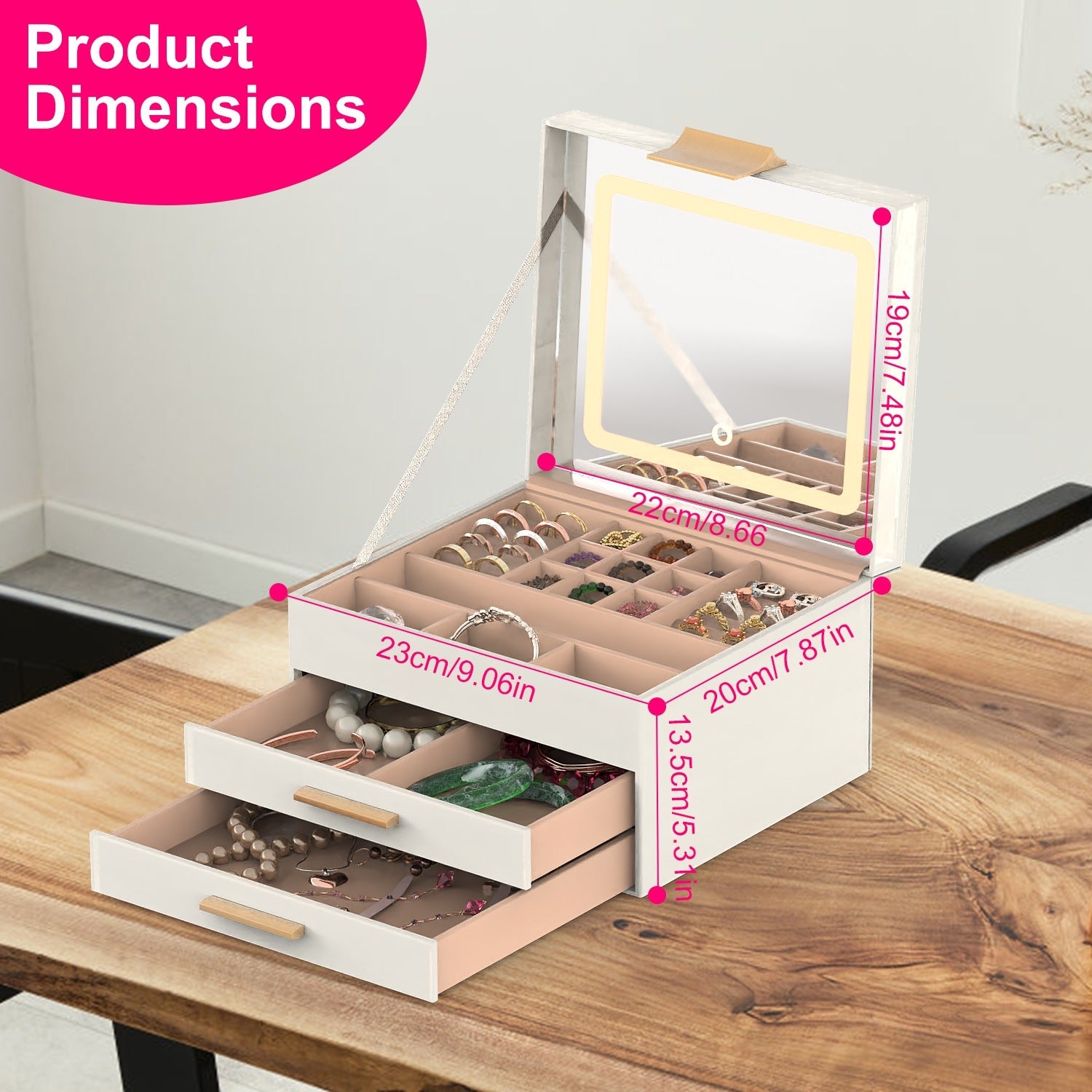 1 Set Jewelry Box With LED Mirror 3 Layer Jewelry Organizer With 2 Drawers PU Jewelry Holder With 3 Mirror Light Colors Dimmable For Earrings Rings Bracelets Necklaces