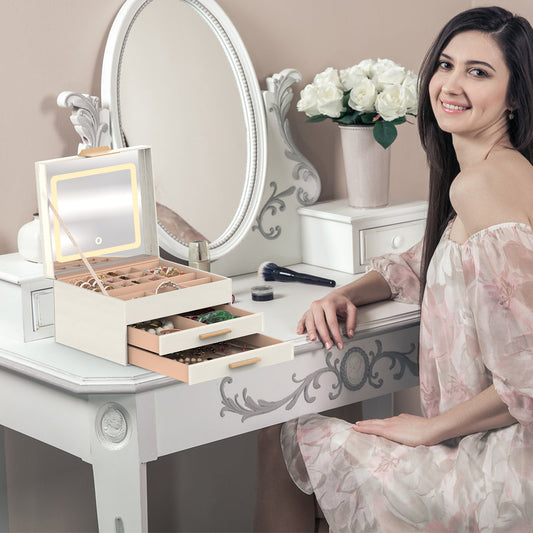 1 Set Jewelry Box With LED Mirror 3 Layer Jewelry Organizer With 2 Drawers PU Jewelry Holder With 3 Mirror Light Colors Dimmable For Earrings Rings Bracelets Necklaces - 5 - CJ