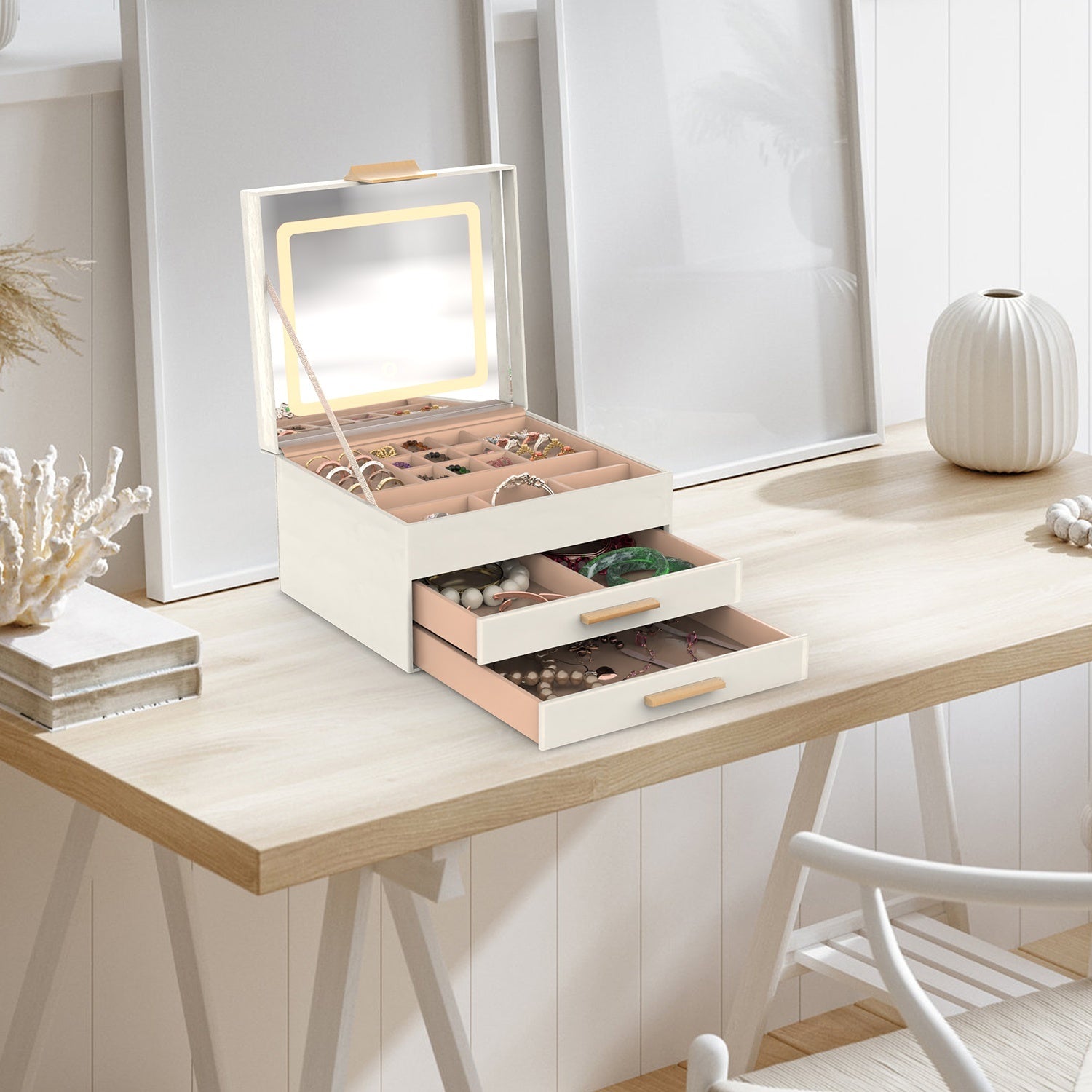 1 Set Jewelry Box With LED Mirror 3 Layer Jewelry Organizer With 2 Drawers PU Jewelry Holder With 3 Mirror Light Colors Dimmable For Earrings Rings Bracelets Necklaces