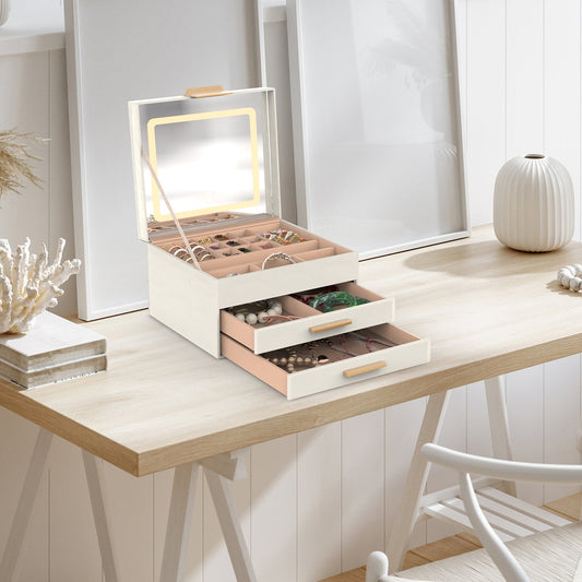 1 Set Jewelry Box With LED Mirror 3 Layer Jewelry Organizer With 2 Drawers PU Jewelry Holder With 3 Mirror Light Colors Dimmable For Earrings Rings Bracelets Necklaces - 5 - CJ