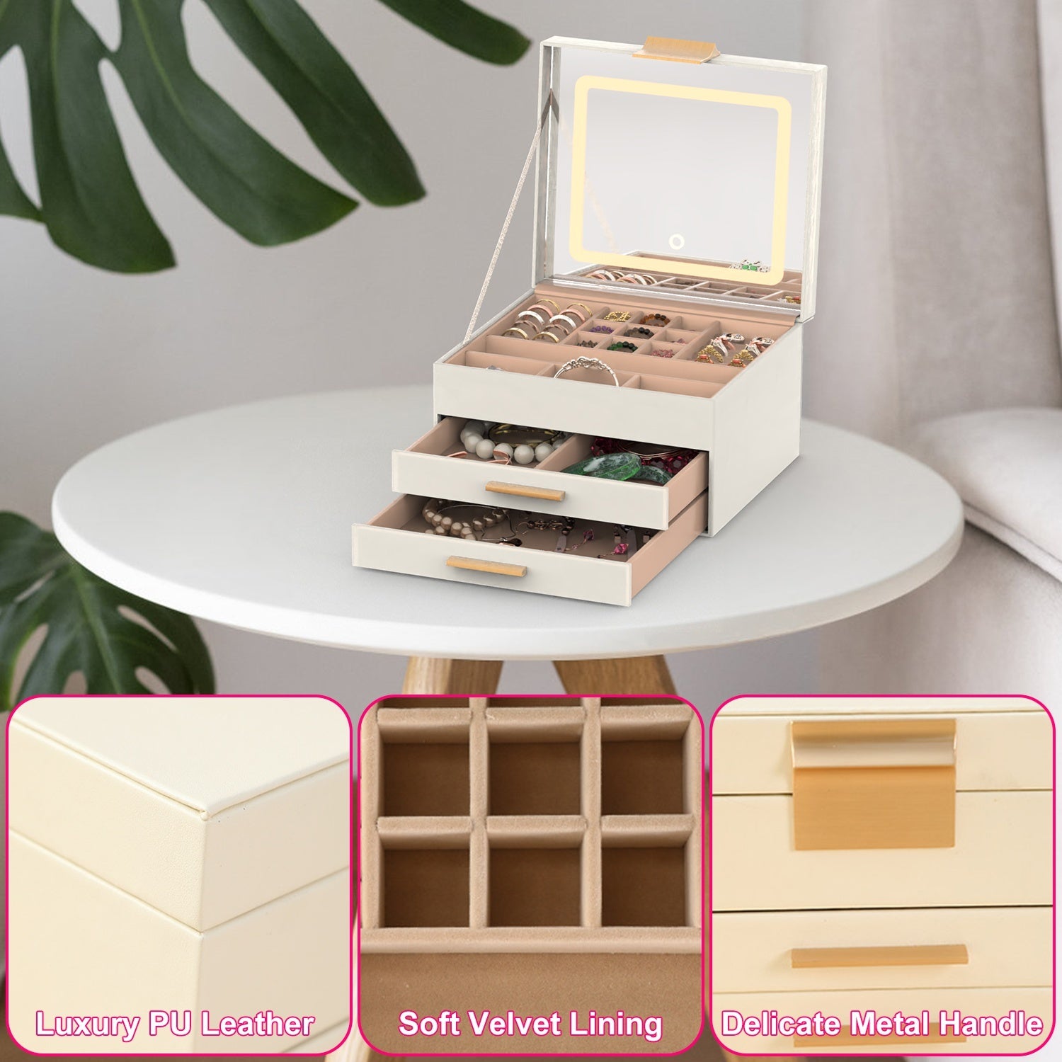 1 Set Jewelry Box With LED Mirror 3 Layer Jewelry Organizer With 2 Drawers PU Jewelry Holder With 3 Mirror Light Colors Dimmable For Earrings Rings Bracelets Necklaces