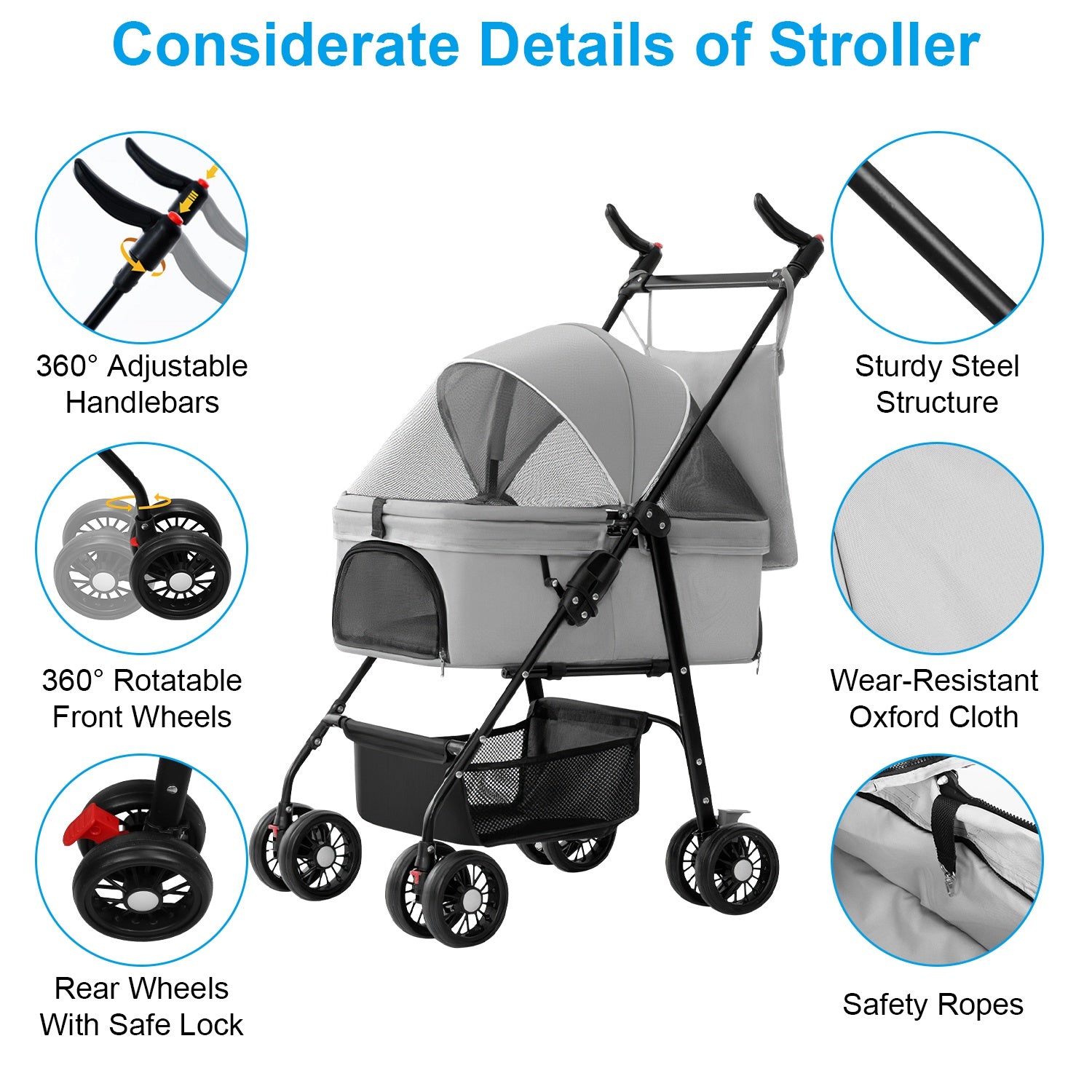 1Pc 4 - Wheels Pet Stroller Foldable Carrier Strolling Cart Travel Jogger Pet Stroller With Removable Liner Storage Basket For Dog Cat - 5 - CJ