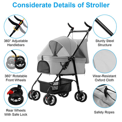 1Pc 4 - Wheels Pet Stroller Foldable Carrier Strolling Cart Travel Jogger Pet Stroller With Removable Liner Storage Basket For Dog Cat - 5 - CJ