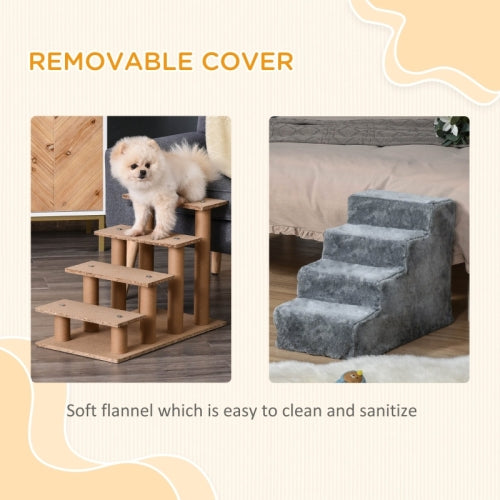 PawHut Four - Step Dog Stairs, With Washable Plush Cover, For High Bed Sofa, Dog Stairs For Small Dog And Cat - Light Grey - 5 - CJ