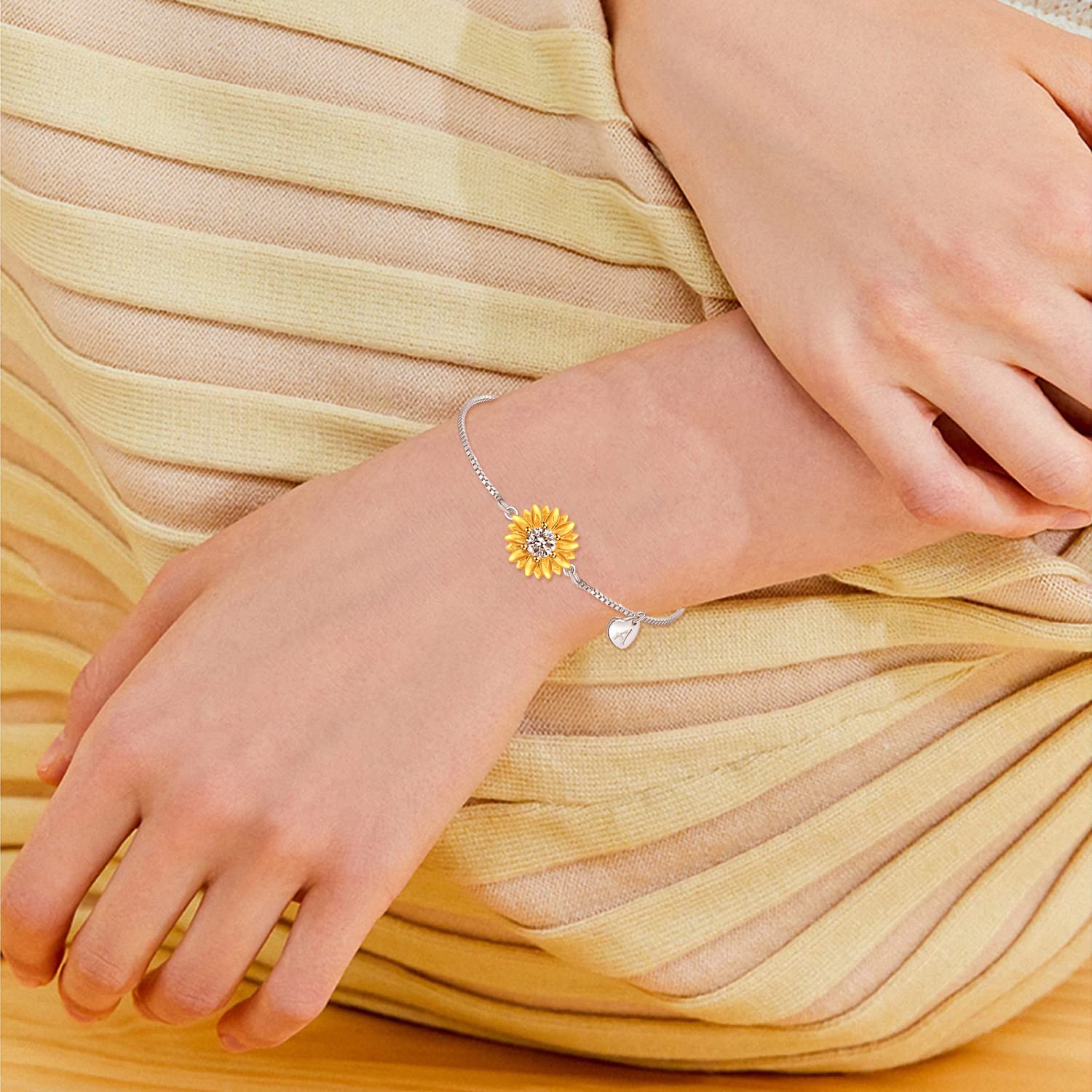 Sunflower Bracelets with Initial A Sterling Silver Sunflower Gifts for Women Girls Sunflower Jewelry - 5 - CJ