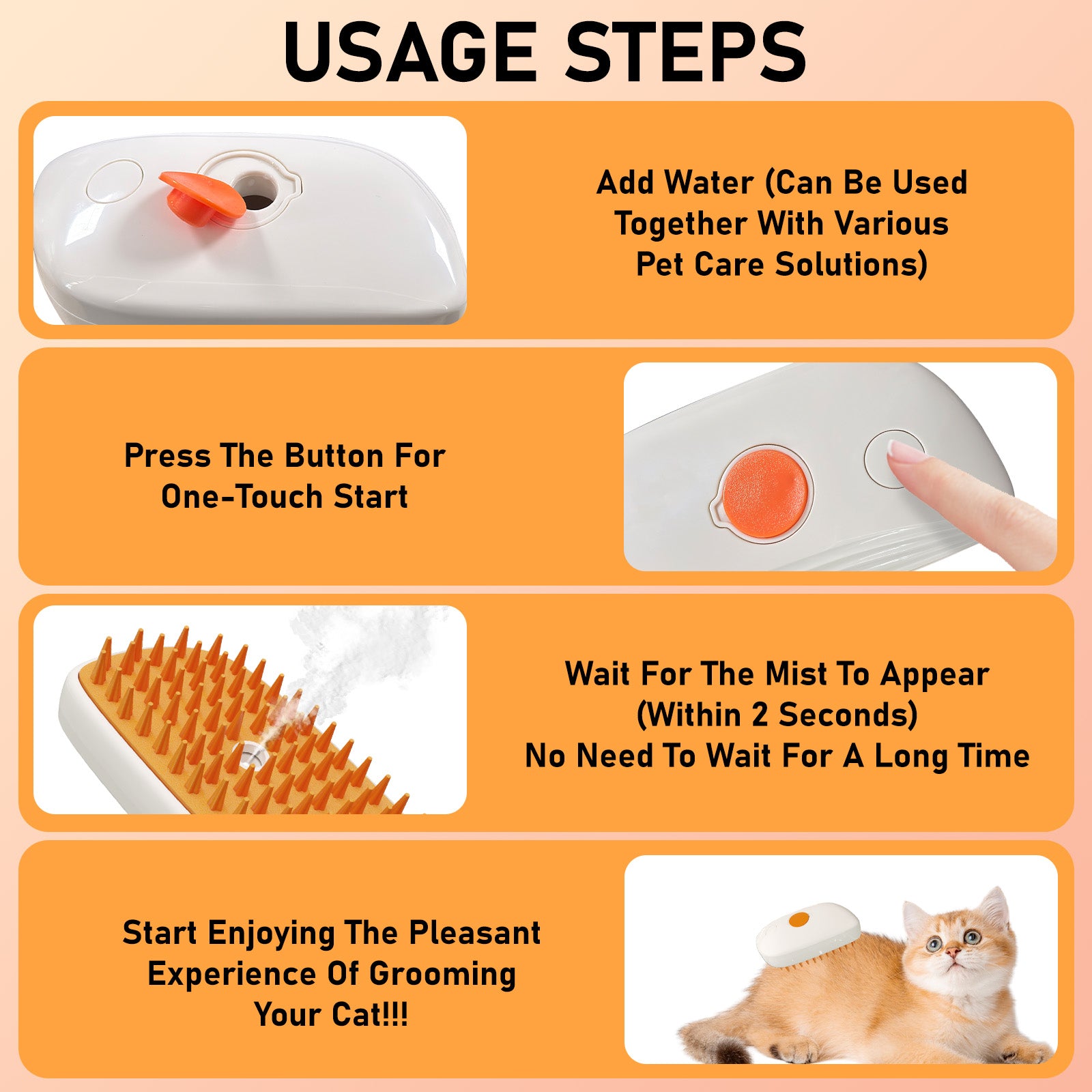 4 In 1 Cat Steam Brush, Anti Static Shedding Spray Comb, Hair Removal, Mist Indoor Steamy Grooming Brush For Dog, Water Spritz Defur Cepillo, Spa Steamer Cloud Para Gatos - 5 - CJ
