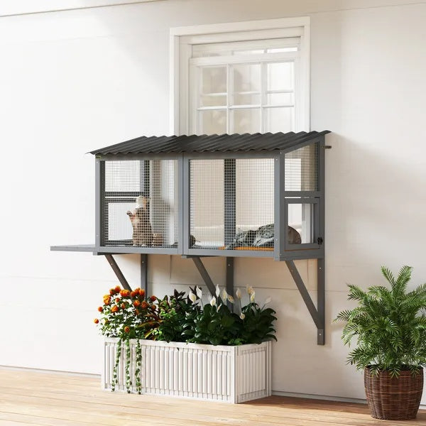Wooden Cat Catio, Outdoor Cat Enclosure Window Perch With Jumping Platform - 5 - CJ