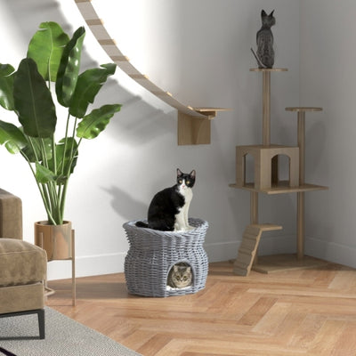 PawHut 2 - Tier Wicker Cat House Elevated Pet Bed Basket Willow Kitten Tower Pet Den. With Washable Cushions 56x37x40cm Grey - 5 - CJ