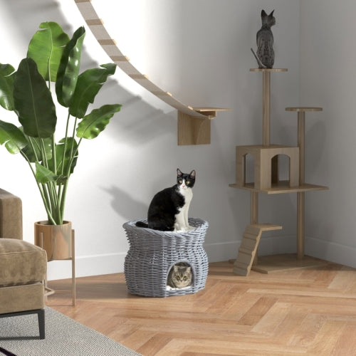 PawHut 2 - Tier Wicker Cat House Elevated Pet Bed Basket Willow Kitten Tower Pet Den. With Washable Cushions 56x37x40cm Grey - 5 - CJ