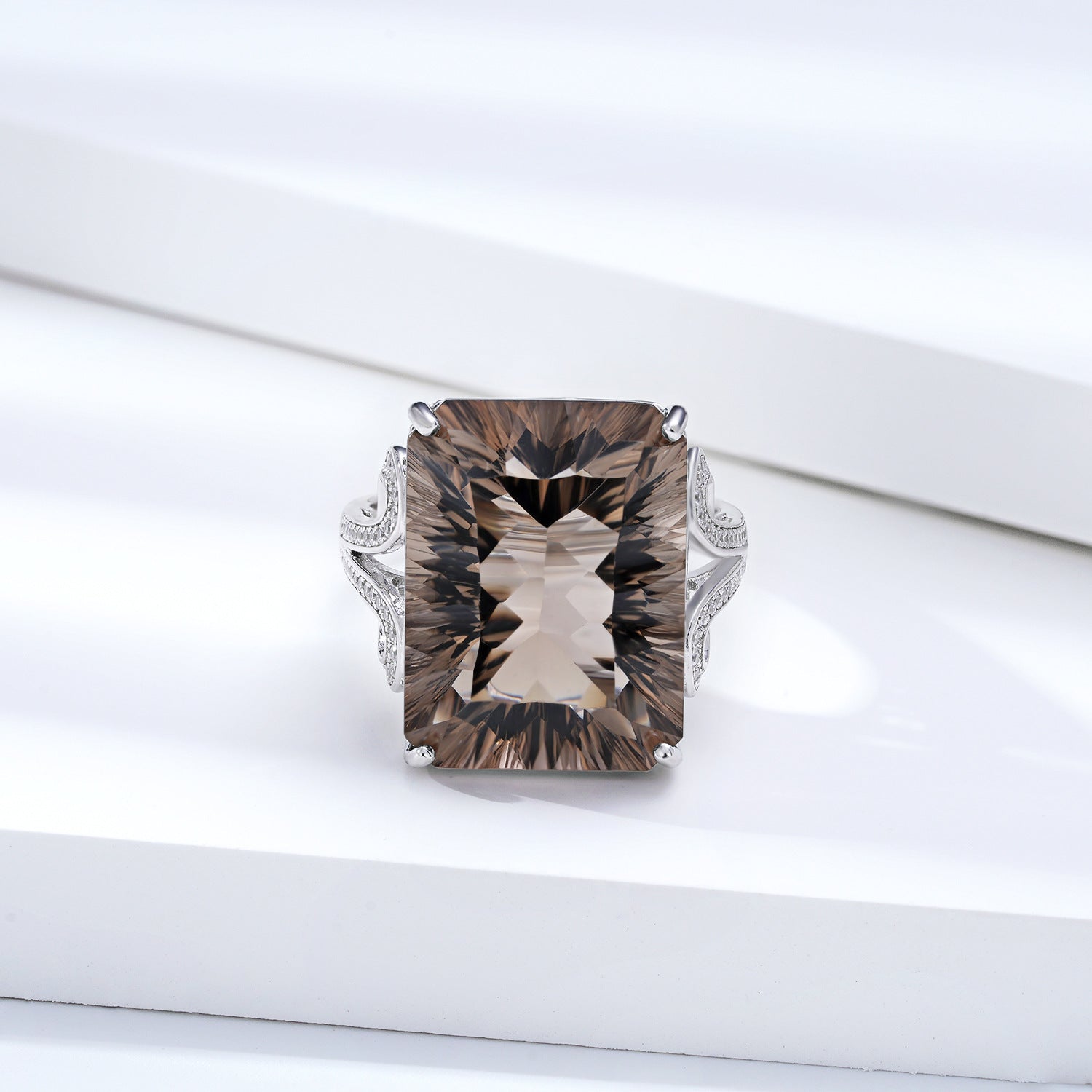 Natural Tea Crystal Ring 925 Silver Set Geometric Square Smoky Crystal Ring - 4 - CJ