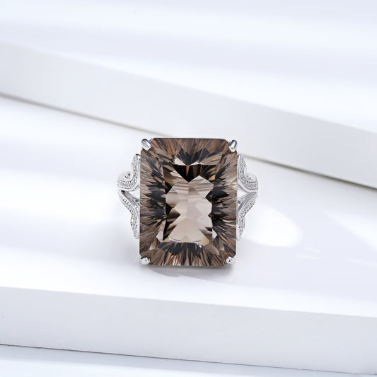 Natural Tea Crystal Ring 925 Silver Set Geometric Square Smoky Crystal Ring - 4 - CJ