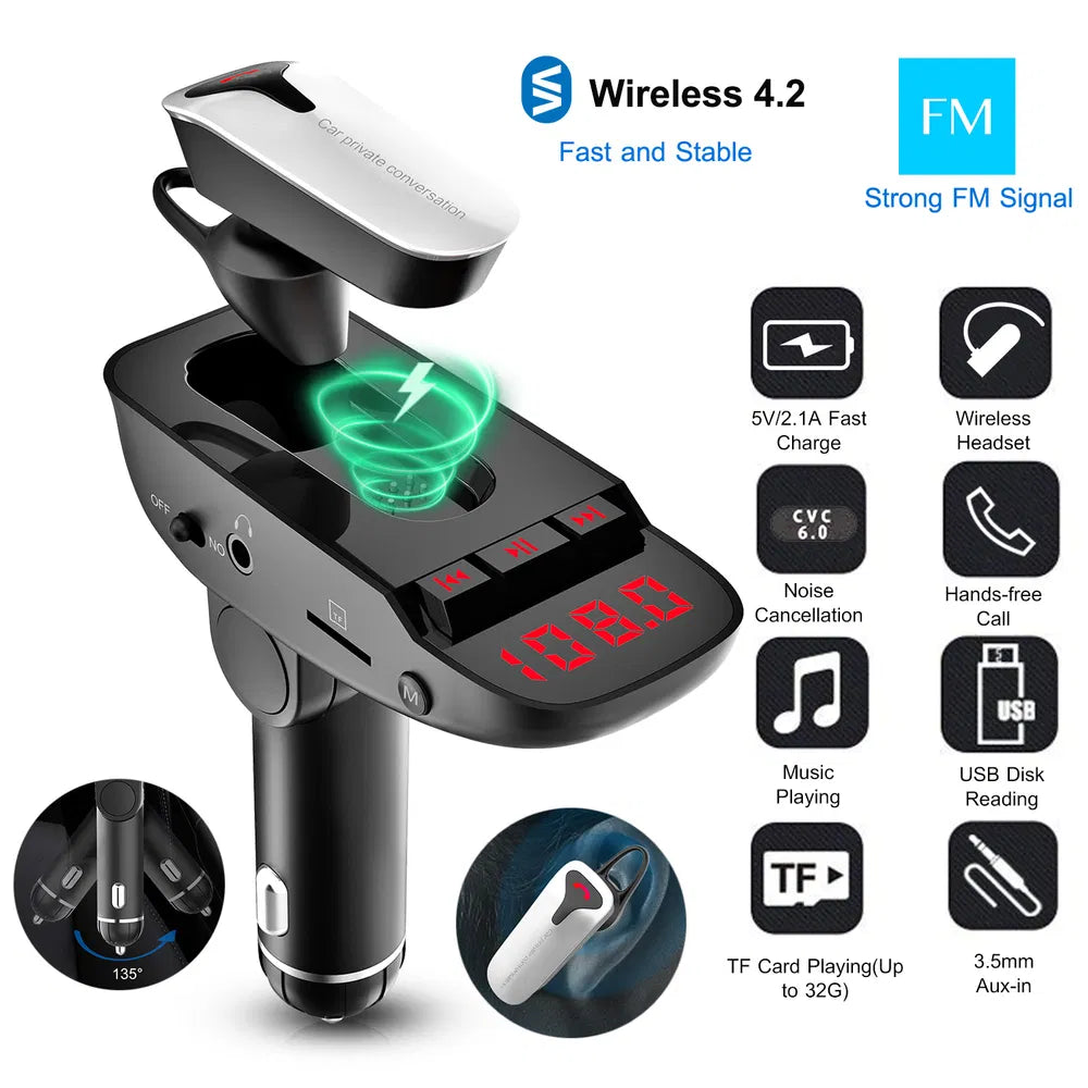 Car FM Transmitter W/ Wireless Earpiece 2 USB Charge Ports Hands - free Call MP3 Player - 5 - CJ
