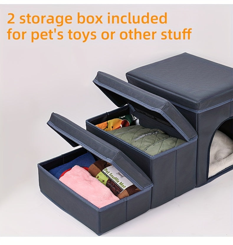 Foldable Dog Stairs With Storage - 3-Level Small To Medium Dog Breed Ramp, Oxford Fabric, Suitable For High Beds And Sofas, Pet Ladder, Dog Stairs