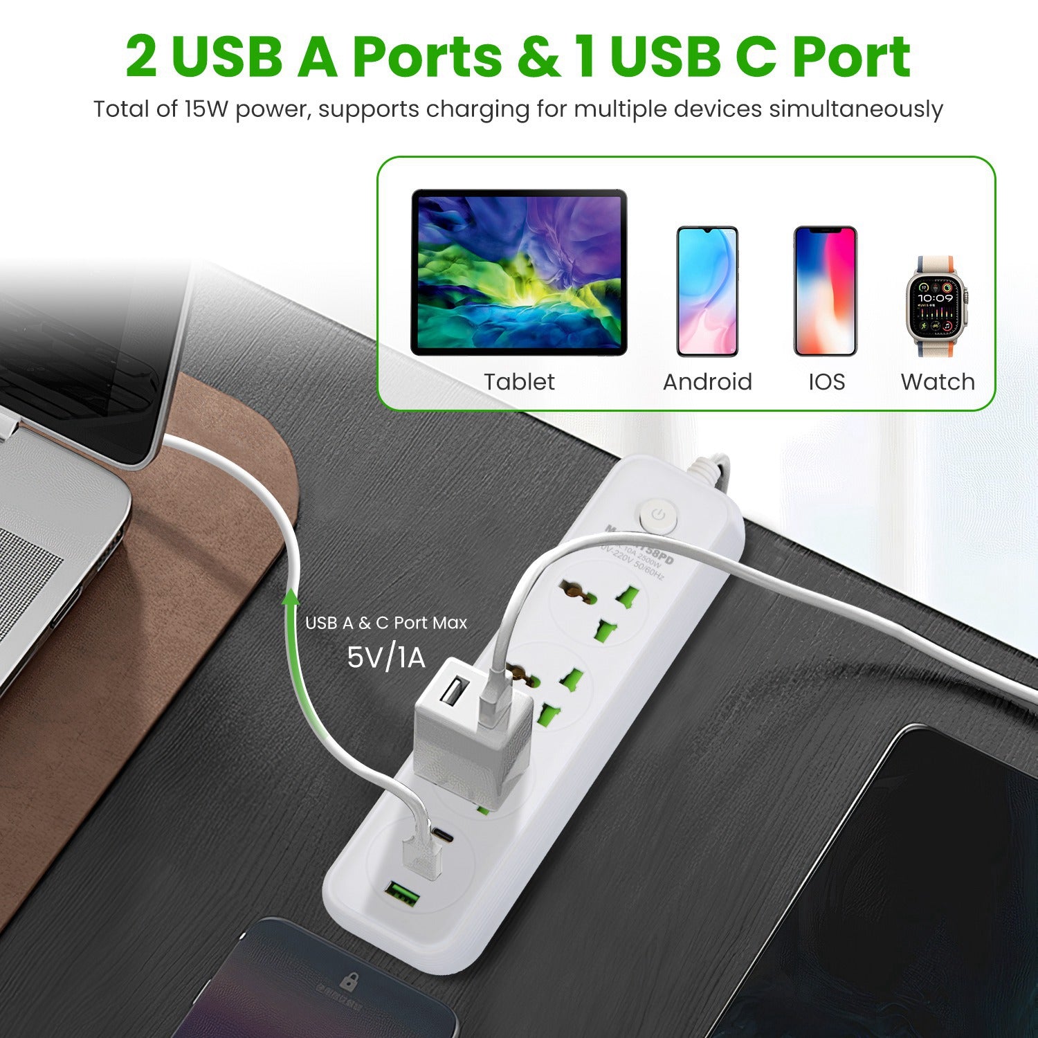 1Pc Power Strip With 6FT Extension Cord 3 AC Outlets And 2 USB A Ports 1 USB C Port 2500W Wall Mount Outlet Extender For Home Office Dorm Travel - 5 - CJ