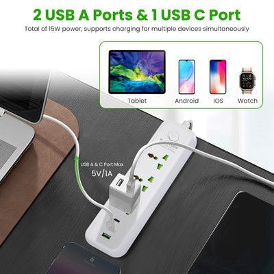 1Pc Power Strip With 6FT Extension Cord 3 AC Outlets And 2 USB A Ports 1 USB C Port 2500W Wall Mount Outlet Extender For Home Office Dorm Travel - 5 - CJ