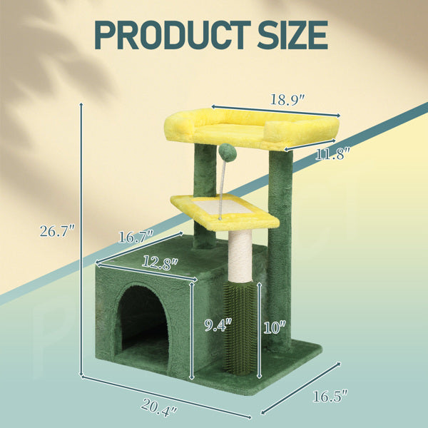 27.5in Cat Tree, Multi - level Cat Tower With Cat Scratching Post And Pad, Cozy Cat Condo, Padded Top Bed For Kittens And Indoor Cats, Yellow & Green - 5 - CJ
