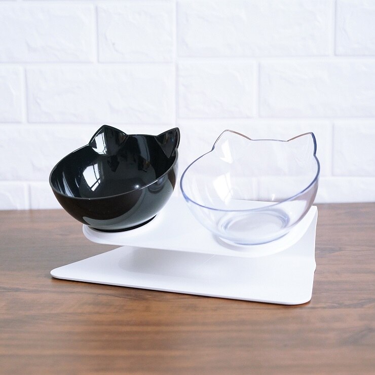 Non Slip Double Cat Bowl With Raised Stand Pet Food Cat Feeder Protect Cervical Vertebra Dog Bowl Transparent Pet Products - 0 - CJ - Black transparent and box - CJMY122872118RI