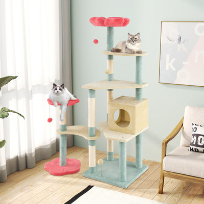 61 Inch Multi - Level Aesthetic Floral Kitten Tower With Flower - Shaped Padded Perch - 5 - cjdroshippping
