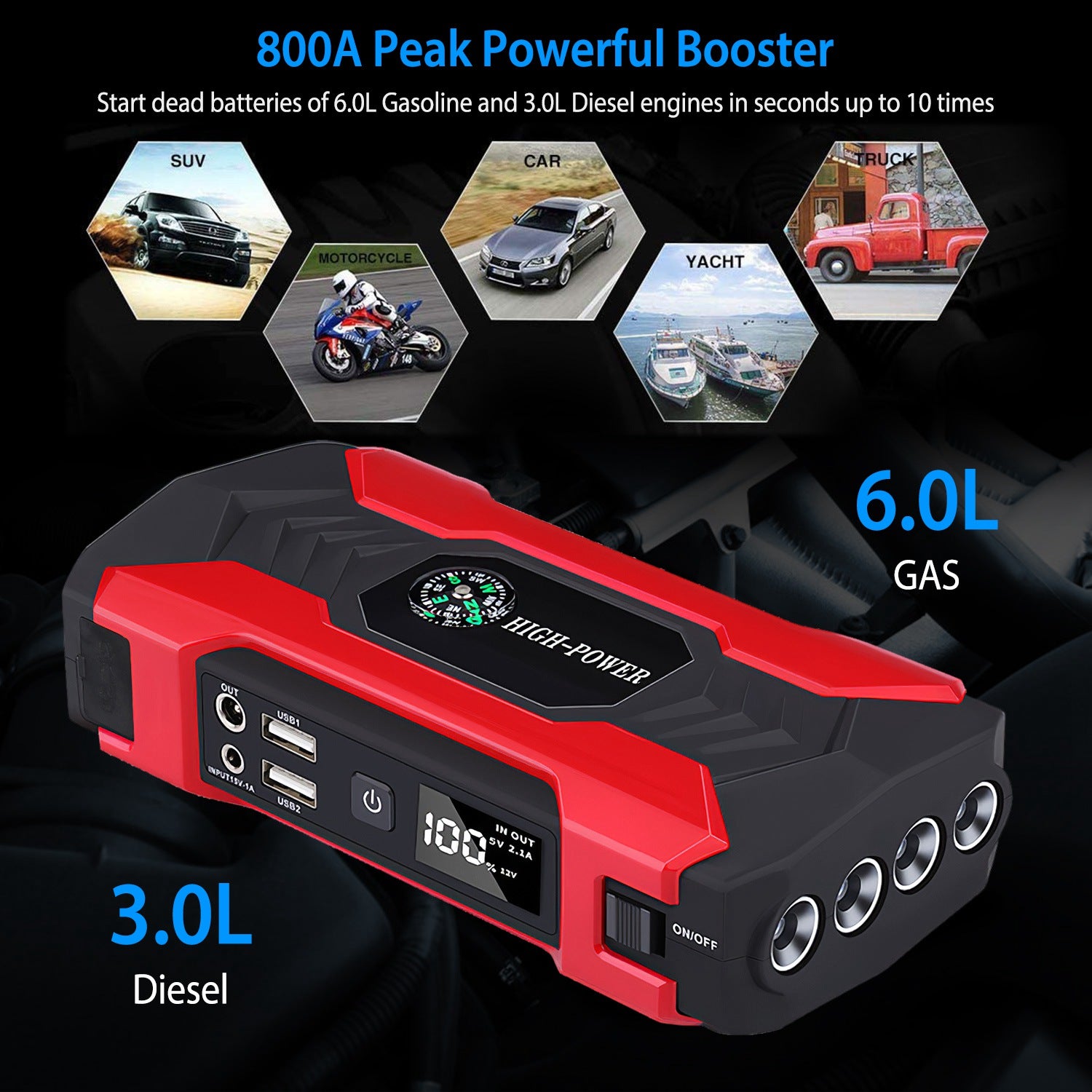 Car Jump Starter Booster 800A Peak 28000mAh 12V Battery Charger Up To 6.0L Gas Or 3.0L Diesel Engine With LCD Screen 4 Modes LED Flashlight - 5 - CJ
